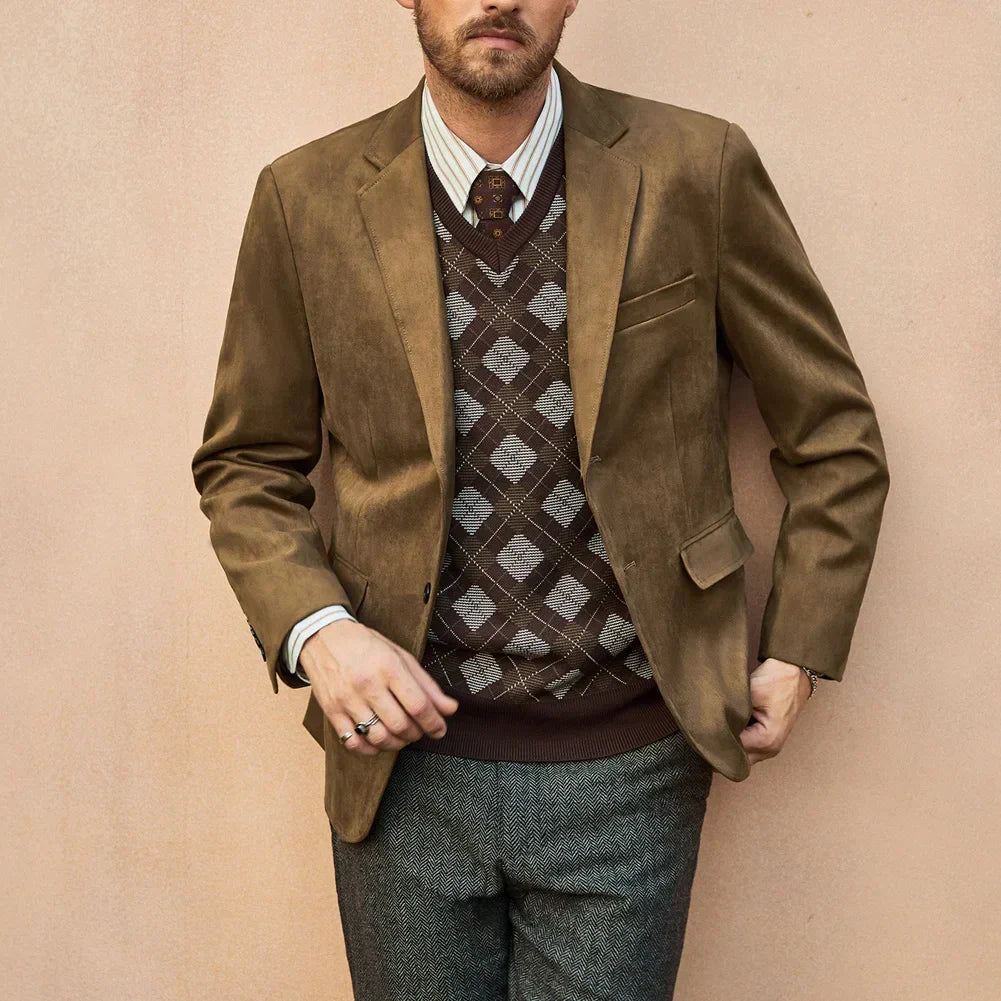 Blazer masculino em camurça Raffenzi RZ103 com design clássico, toque aveludado e bolsos funcionais, ideal para looks elegantes e sofisticados.