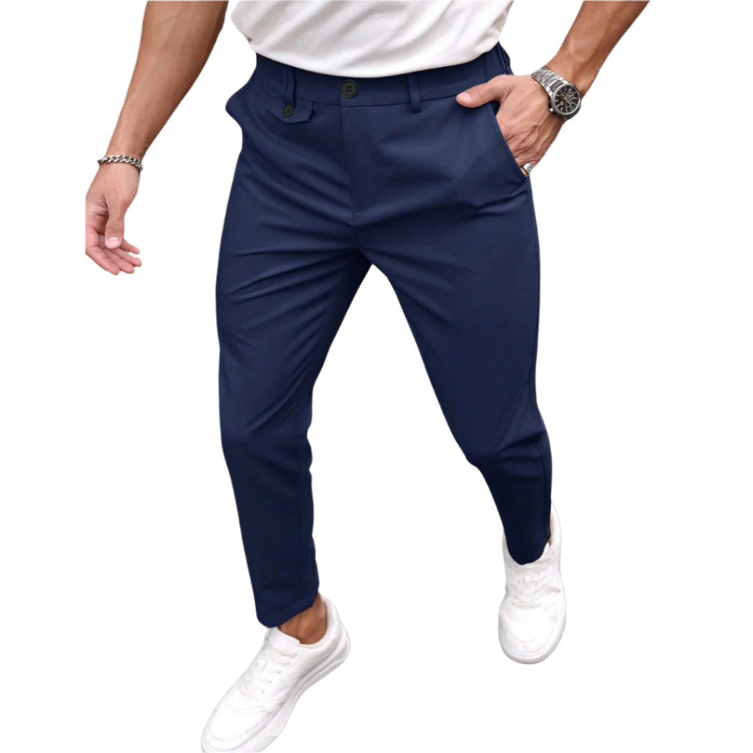 Calça Social Raffenzi RZ115 de alfaiataria slim, design elegante em azul bebê, perfeita para eventos formais com sofisticação e conforto.