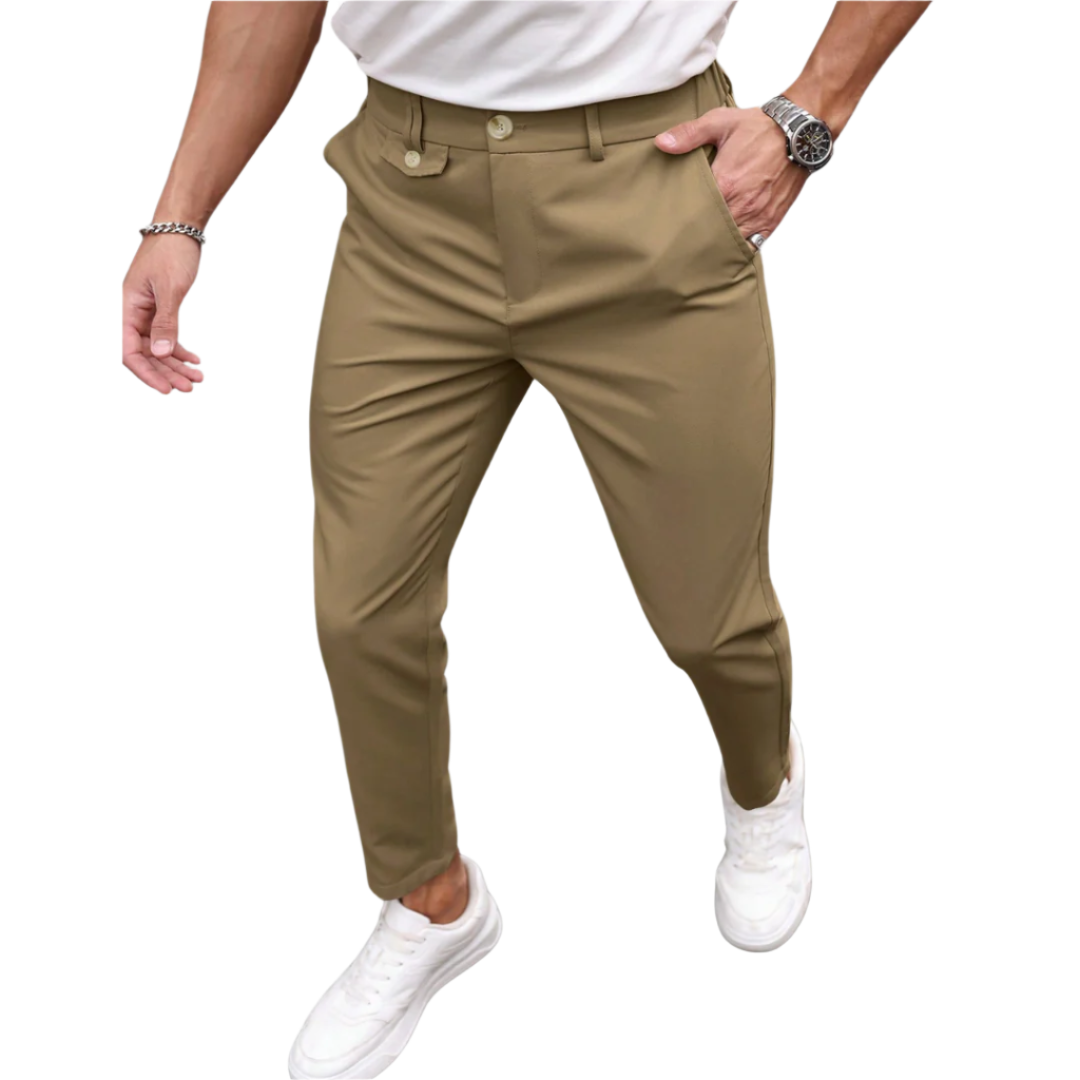 Calça Social Raffenzi RZ115 de alfaiataria slim, design elegante em azul bebê, perfeita para eventos formais com sofisticação e conforto.