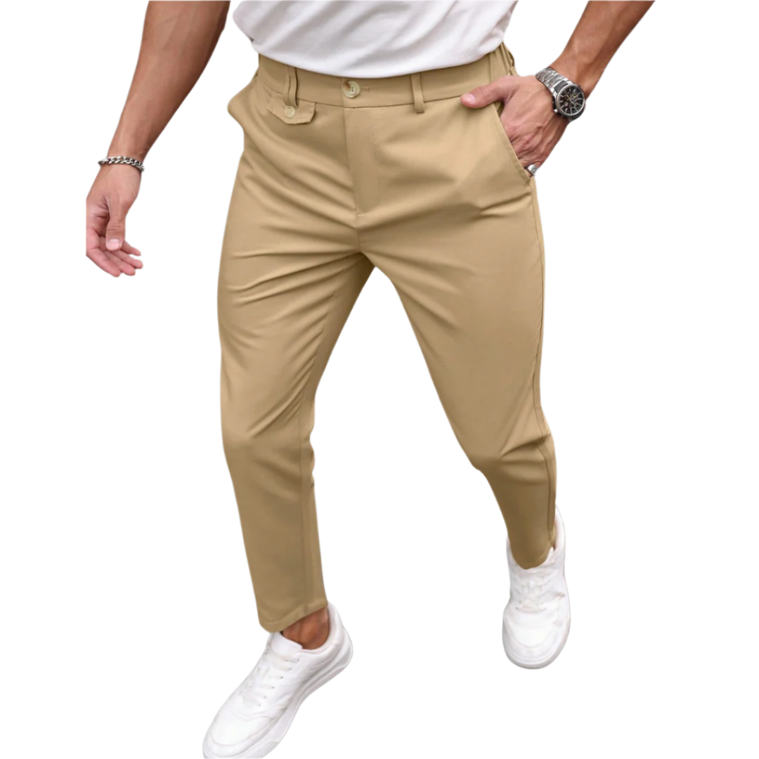 Calça Social Raffenzi RZ115 de alfaiataria slim, design elegante em azul bebê, perfeita para eventos formais com sofisticação e conforto.