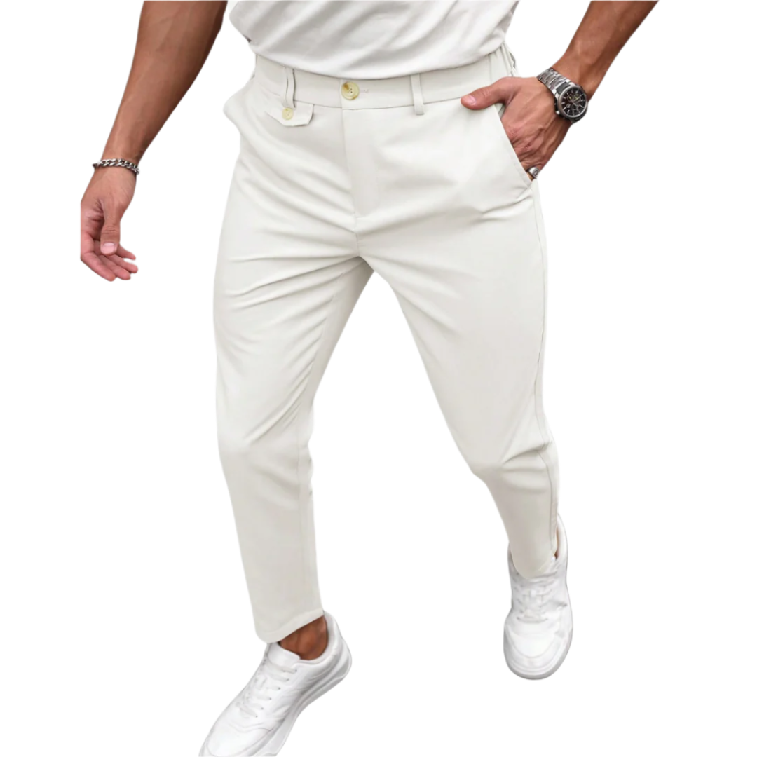 Calça Social Raffenzi RZ115 de alfaiataria slim, design elegante em azul bebê, perfeita para eventos formais com sofisticação e conforto.