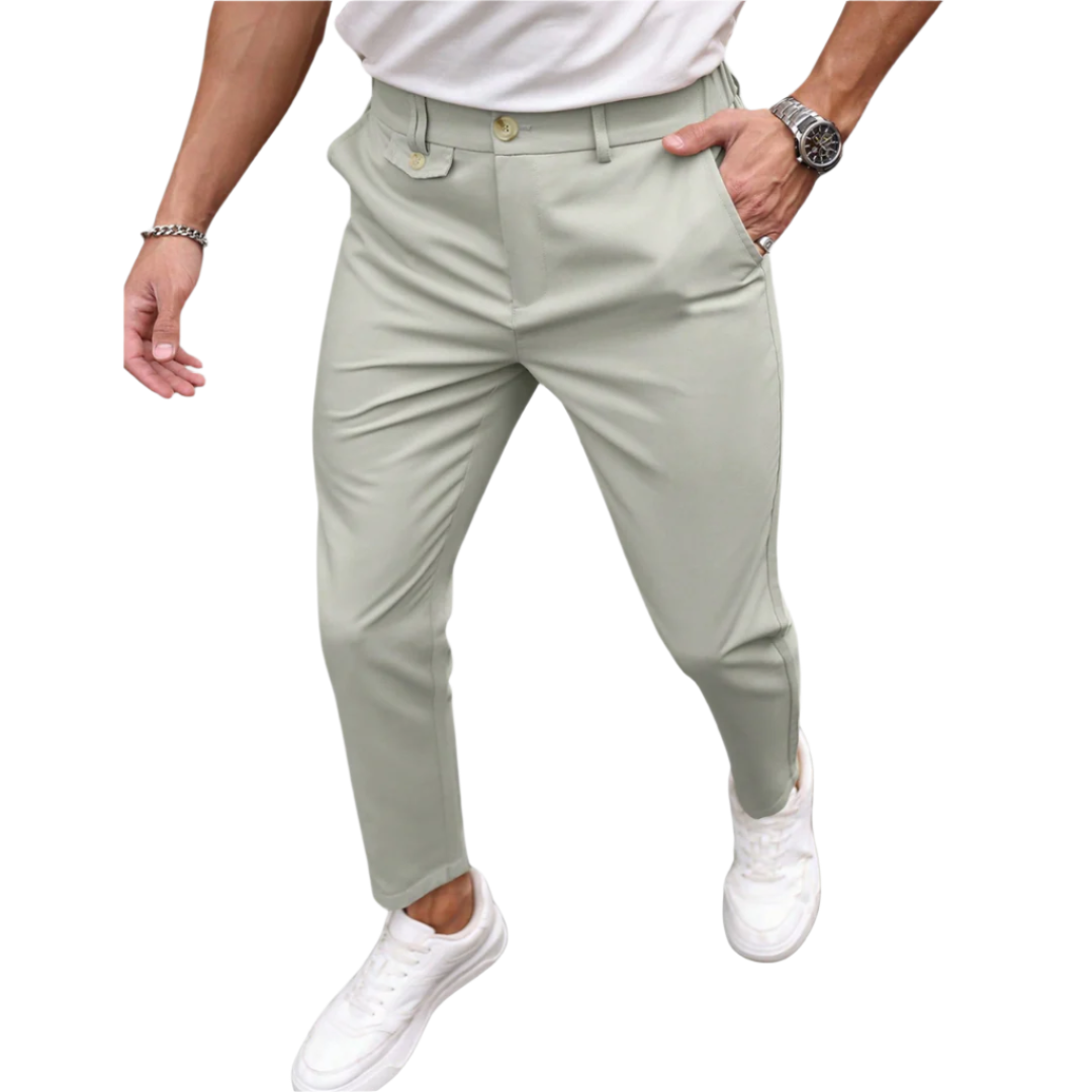 Calça Social Raffenzi RZ115 de alfaiataria slim, design elegante em azul bebê, perfeita para eventos formais com sofisticação e conforto.