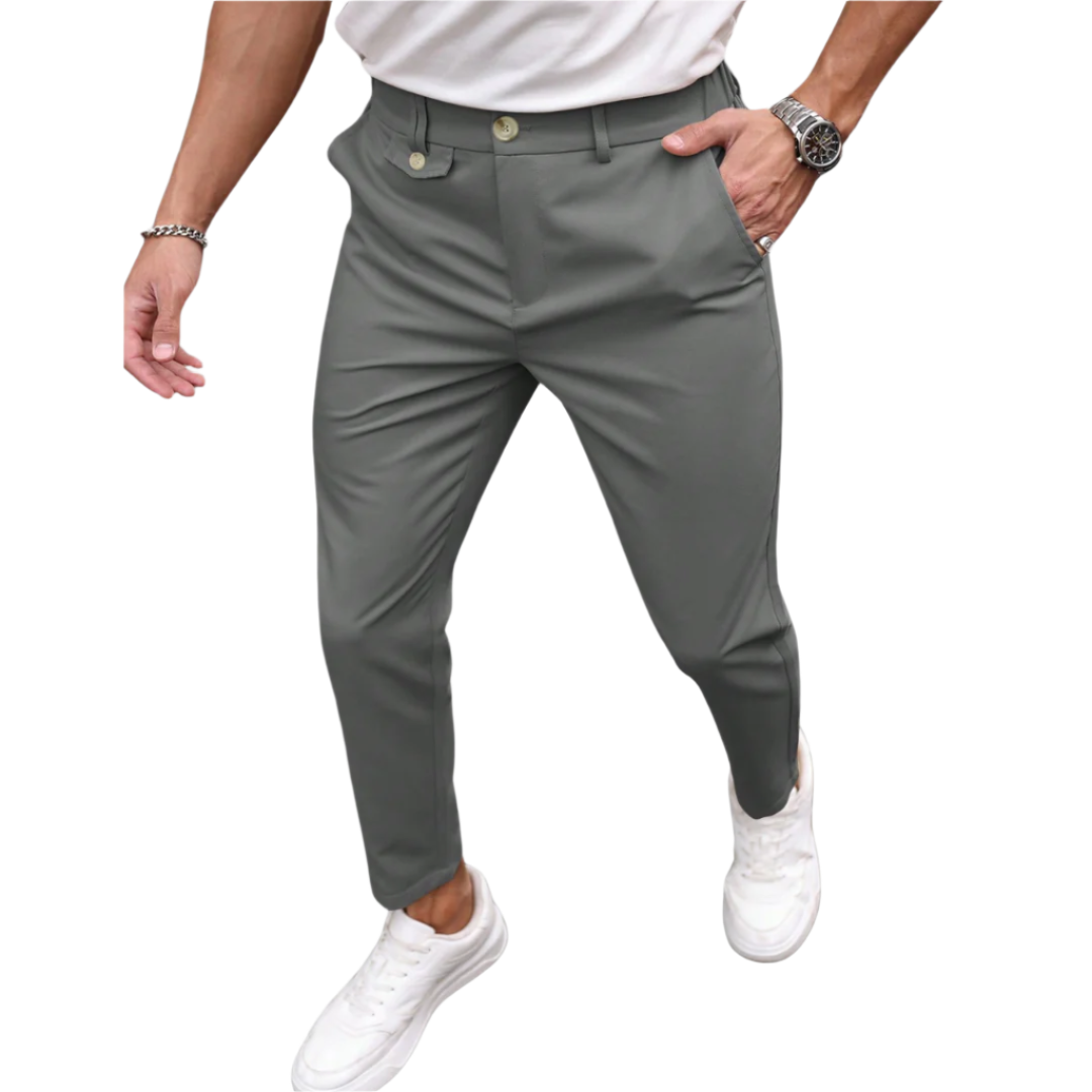Calça Social Raffenzi RZ115 de alfaiataria slim, design elegante em azul bebê, perfeita para eventos formais com sofisticação e conforto.