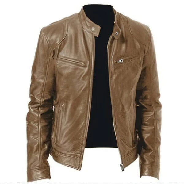 Jaqueta de couro masculina Raffenzi RZ017 com design racer, corte ajustado e acabamento refinado para composições sofisticadas e estilosas.