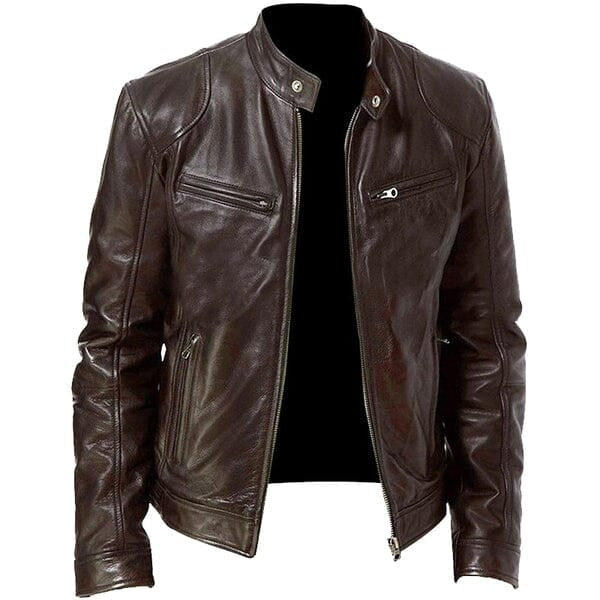 Jaqueta de couro masculina Raffenzi RZ017 com design racer, corte ajustado e acabamento refinado para composições sofisticadas e estilosas.