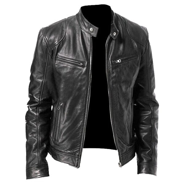 Jaqueta de couro masculina Raffenzi RZ017 com design racer, corte ajustado e acabamento refinado para composições sofisticadas e estilosas.