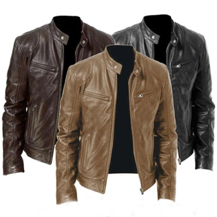 Jaqueta de couro masculina Raffenzi RZ017 com design racer, corte ajustado e acabamento refinado para composições sofisticadas e estilosas.