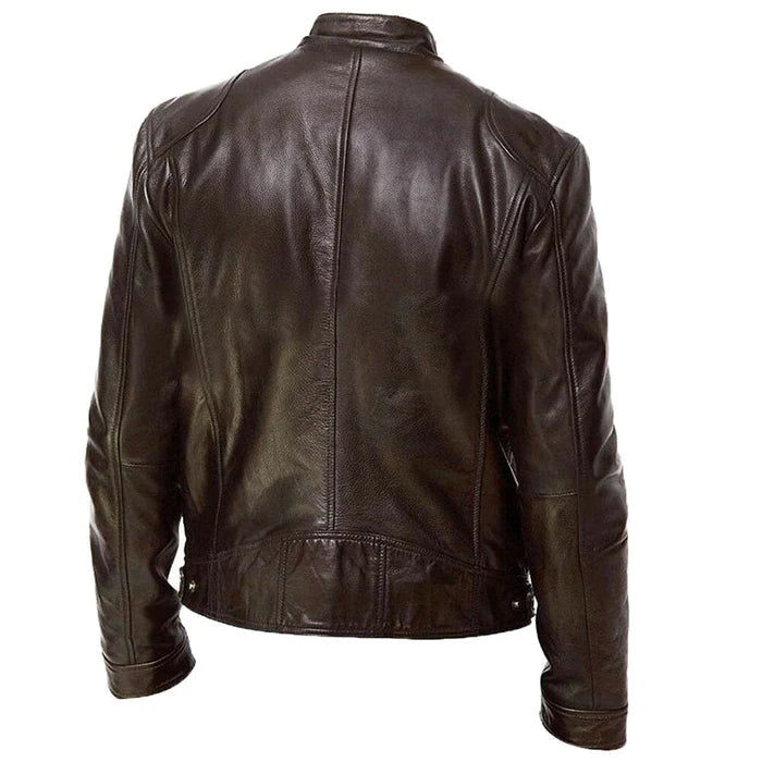 Jaqueta de couro masculina Raffenzi RZ017 com design racer, corte ajustado e acabamento refinado para composições sofisticadas e estilosas.