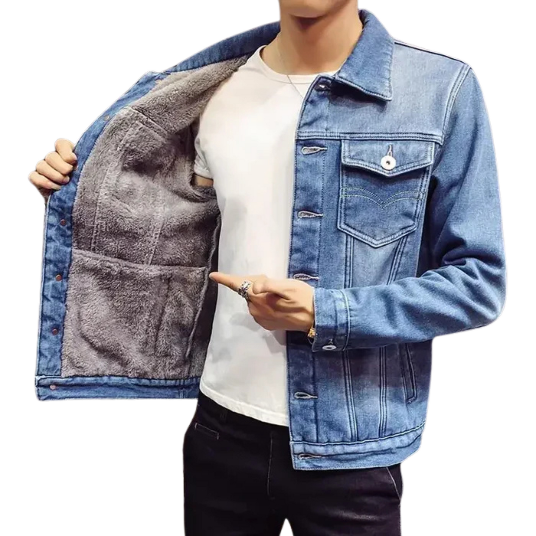 Jaqueta jeans masculina Raffenzi RZ053 com corte ajustado, design sofisticado e conforto para um visual moderno e versátil.
