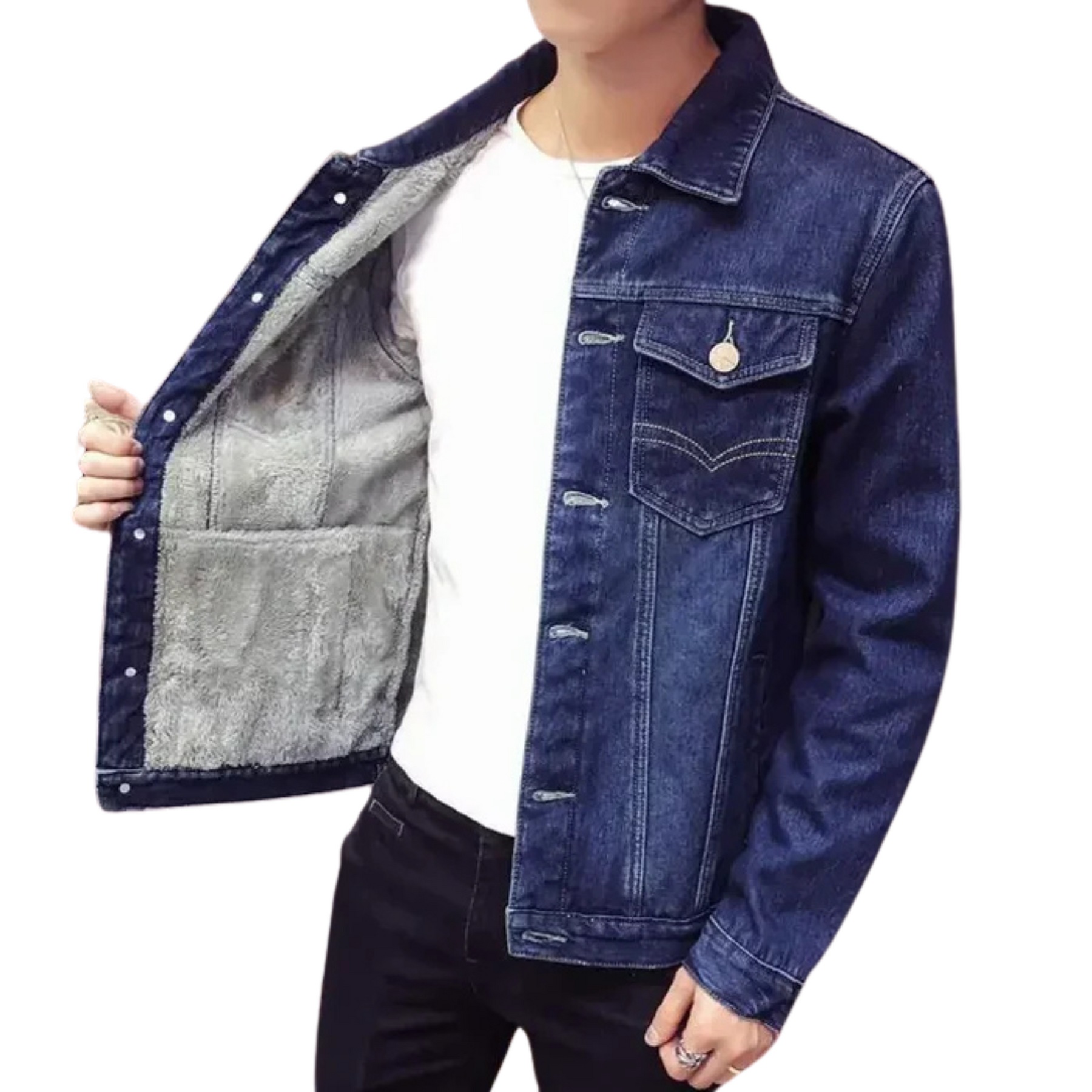 Jaqueta jeans masculina Raffenzi RZ053 com corte ajustado, design sofisticado e conforto para um visual moderno e versátil.