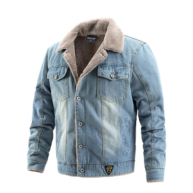 Jaqueta jeans masculina Raffenzi RZ062 com interior forrado, design sofisticado e isolamento térmico para máximo conforto e elegância.