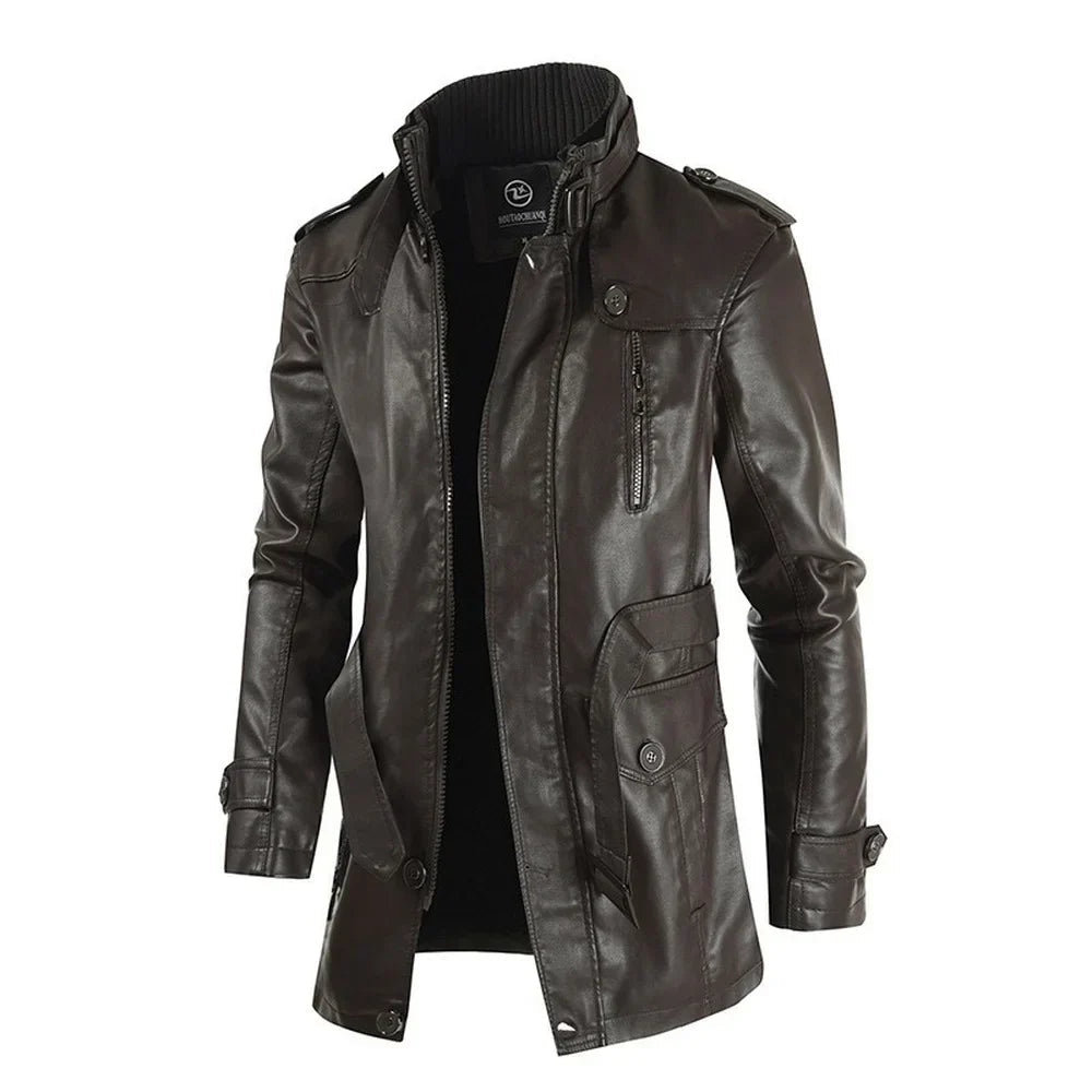 Jaqueta Masculina Raffenzi RZ085 confeccionada em couro e poliéster, com design moderno e costuras reforçadas, perfeita para estilo e proteção térmica.