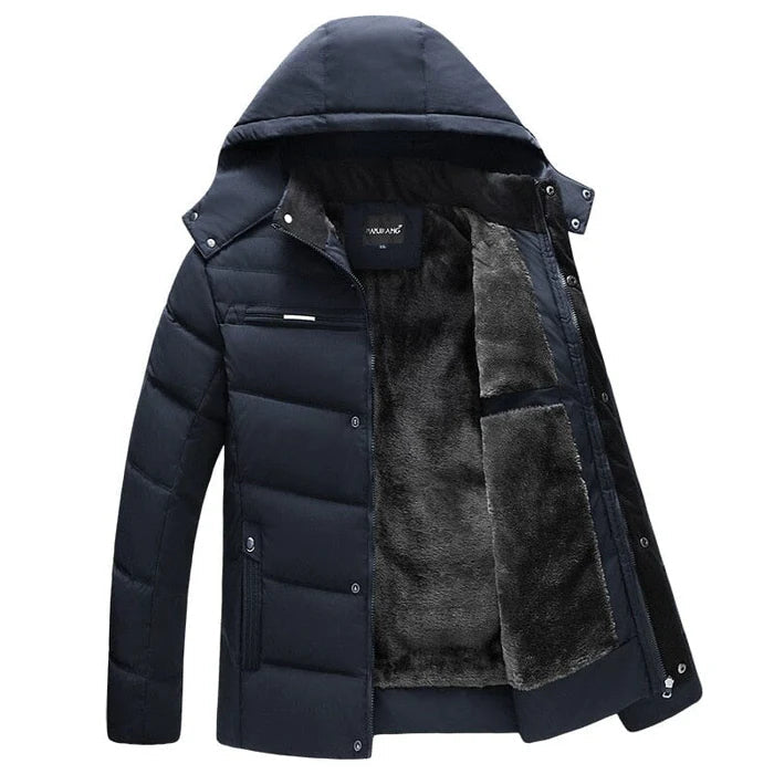 Jaqueta masculina Raffenzi RZ011 com isolamento térmico, capuz removível e design sofisticado para enfrentar frio intenso com elegância.