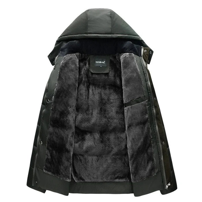 Jaqueta masculina Raffenzi RZ011 com isolamento térmico, capuz removível e design sofisticado para enfrentar frio intenso com elegância.