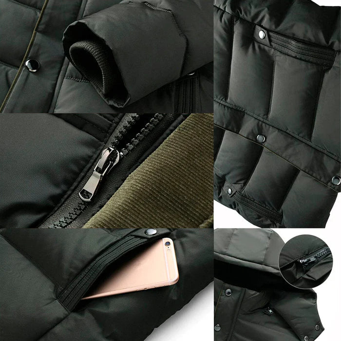 Jaqueta masculina Raffenzi RZ011 com isolamento térmico, capuz removível e design sofisticado para enfrentar frio intenso com elegância.
