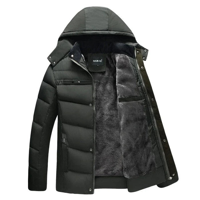 Jaqueta masculina Raffenzi RZ011 com isolamento térmico, capuz removível e design sofisticado para enfrentar frio intenso com elegância.