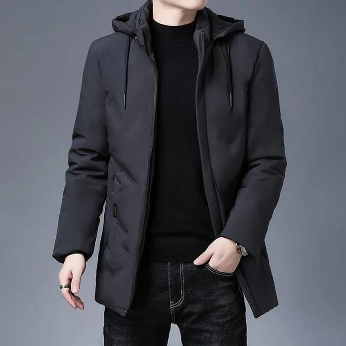 Jaqueta Masculina Raffenzi RZ084 com design sofisticado, isolamento térmico e acabamento refinado, ideal para manter o estilo nos dias frios.