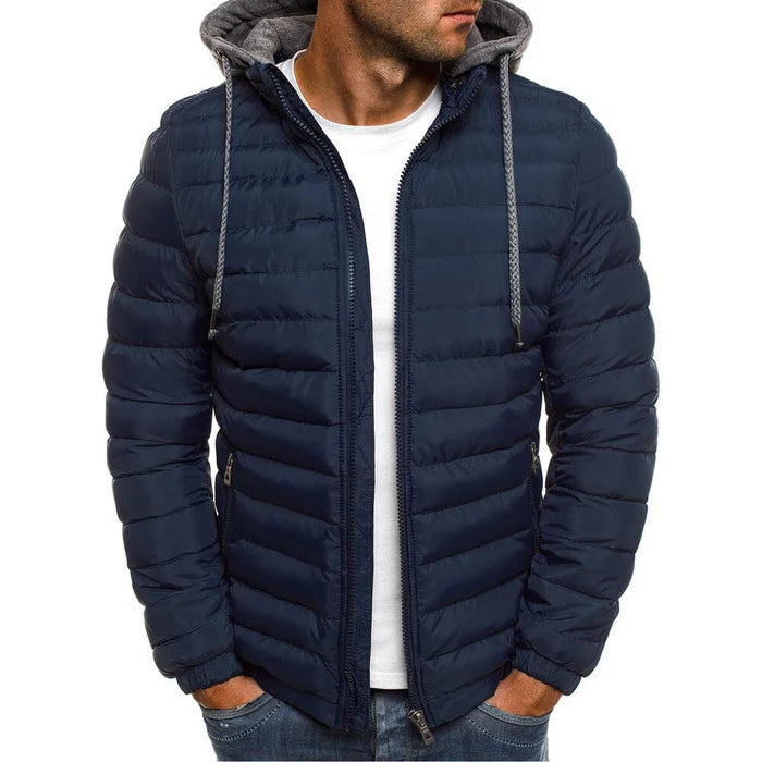 Jaqueta masculina puffer Raffenzi RZ030 com design moderno, forro acolchoado, capuz removível e fechamento em zíper, ideal para dias frios.