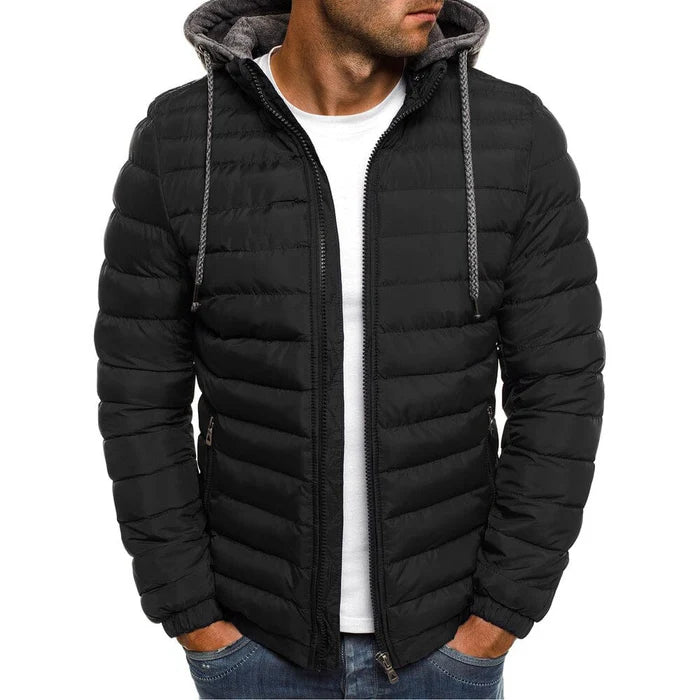 Jaqueta masculina puffer Raffenzi RZ030 com design moderno, forro acolchoado, capuz removível e fechamento em zíper, ideal para dias frios.