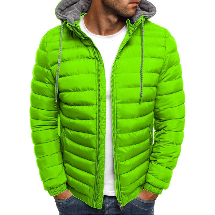 Jaqueta masculina puffer Raffenzi RZ030 com design moderno, forro acolchoado, capuz removível e fechamento em zíper, ideal para dias frios.