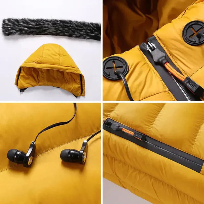 Jaqueta puffer masculina Raffenzi RZ034 com capuz forrado, ideal para conforto, proteção e estilo em dias frios.