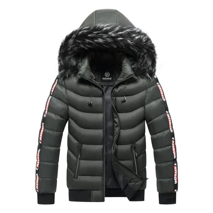 Jaqueta puffer masculina Raffenzi RZ034 com capuz forrado, ideal para conforto, proteção e estilo em dias frios.