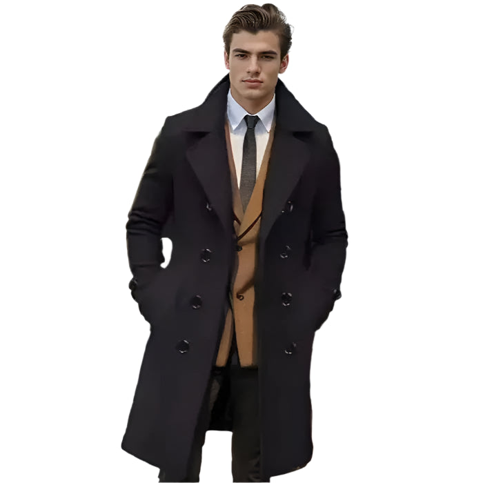 Sobretudo Raffenzi RZ130, design transpassado longo em lã, perfeito para eventos formais com sofisticação e conforto térmico.