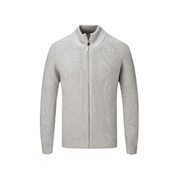 Suéter Raffenzi RZ131, design contemporâneo com zíper, perfeito para dias frios com sofisticação, conforto e praticidade em algodão.