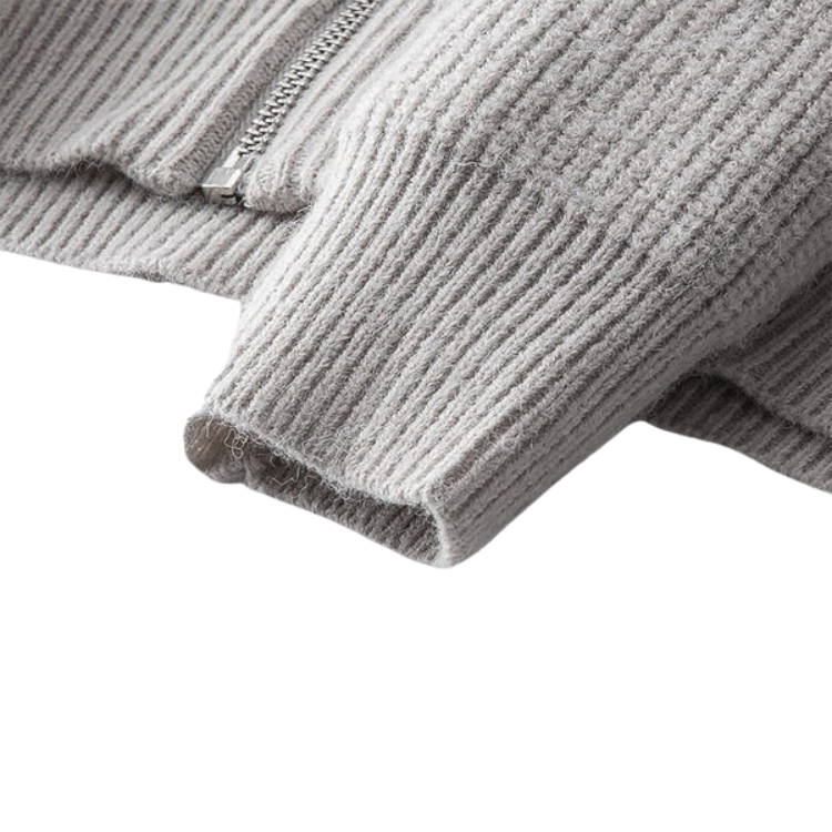 Suéter Raffenzi RZ131, design contemporâneo com zíper, perfeito para dias frios com sofisticação, conforto e praticidade em algodão.