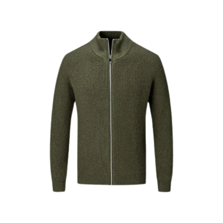 Suéter Raffenzi RZ131, design contemporâneo com zíper, perfeito para dias frios com sofisticação, conforto e praticidade em algodão.