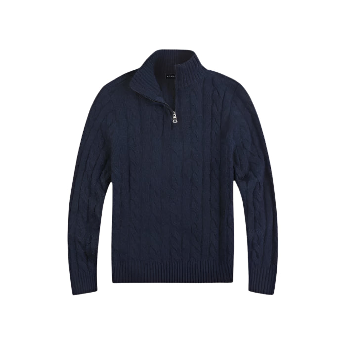 Suéter Raffenzi RZ132, design Old Money em tricot com meio zíper, perfeito para sobreposições elegantes com sofisticação e conforto.