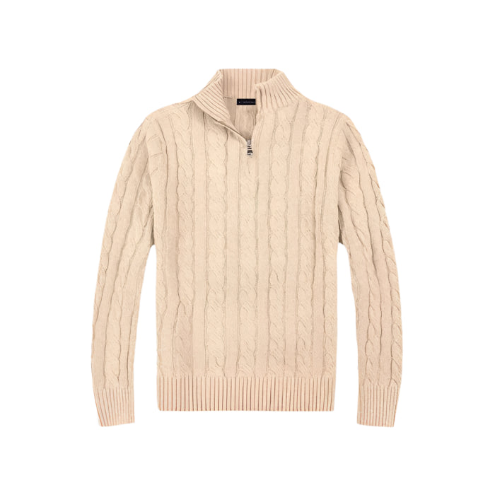 Suéter Raffenzi RZ132, design Old Money em tricot com meio zíper, perfeito para sobreposições elegantes com sofisticação e conforto.