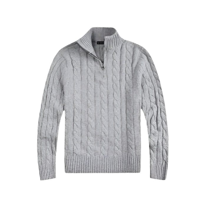 Suéter Raffenzi RZ132, design Old Money em tricot com meio zíper, perfeito para sobreposições elegantes com sofisticação e conforto.