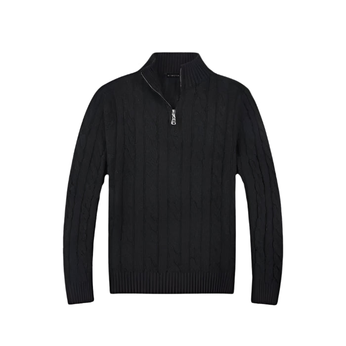 Suéter Raffenzi RZ132, design Old Money em tricot com meio zíper, perfeito para sobreposições elegantes com sofisticação e conforto.