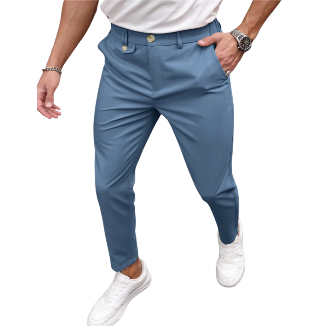 Calça Social Raffenzi RZ115 de alfaiataria slim, design elegante em azul bebê, perfeita para eventos formais com sofisticação e conforto.