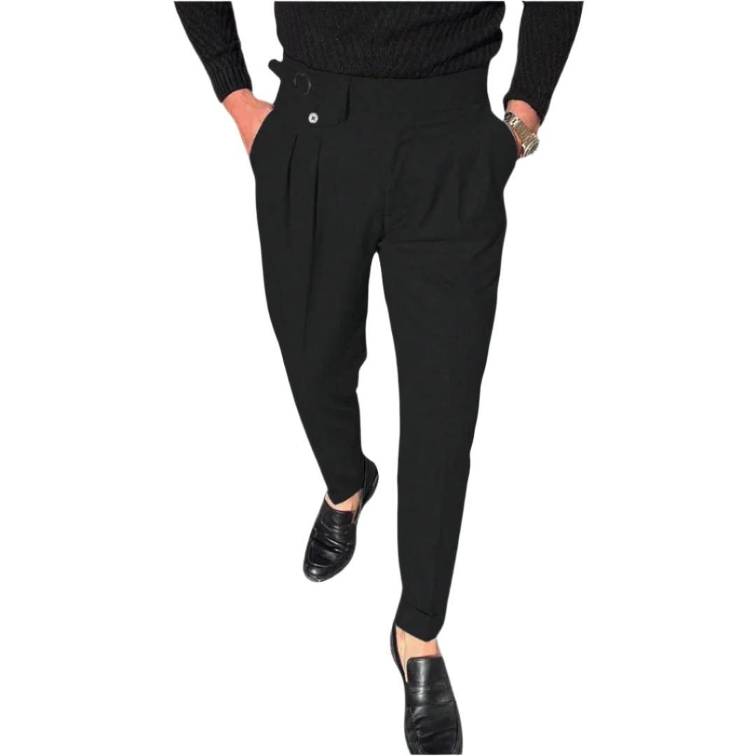 Calça Social Raffenzi RZ114 de alfaiataria, design clássico com pregas, perfeita para eventos formais e looks casuais com sofisticação e conforto.
