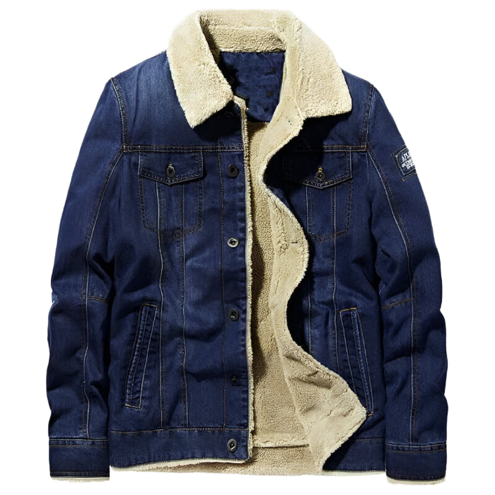 Jaqueta jeans masculina acolchoada Raffenzi com forro em lã, modelagem ajustada e estilo sofisticado ideal para os dias frios e ocasiões urbanas.