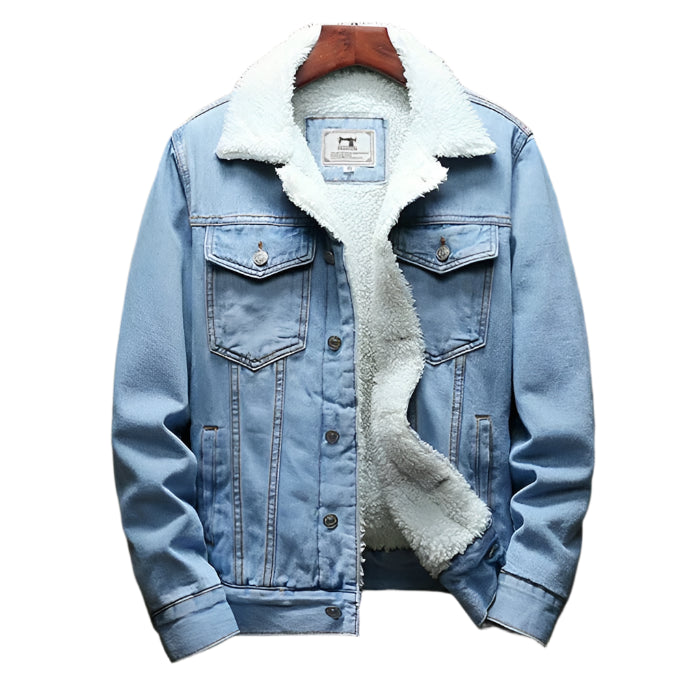 Jaqueta jeans masculina forrada em lã, ideal para conforto e proteção contra o frio com estilo clássico e versátil para diversas ocasiões.