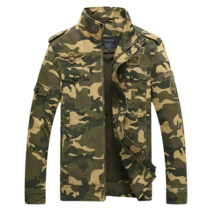 Jaqueta masculina camuflada Raffenzi RZ071, com forro térmico e design moderno para proteção e estilo em dias frios.