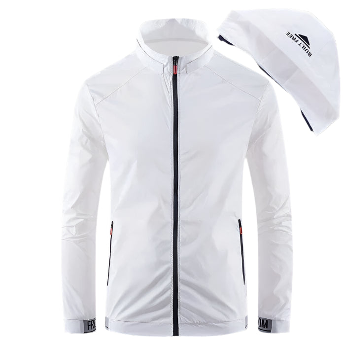 Jaqueta masculina impermeável Raffenzi RZ065 com capuz removível e bolsos, ideal para proteção contra vento e chuva com estilo e conforto.