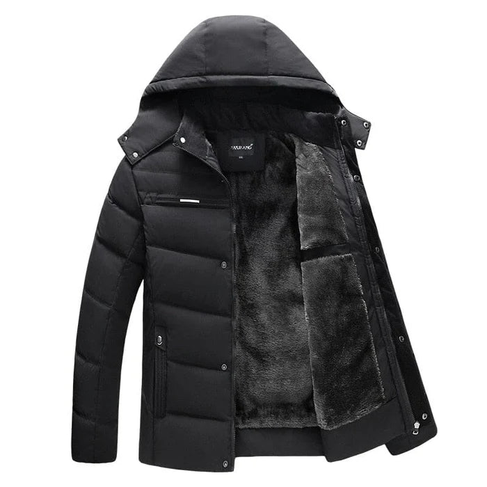 Jaqueta masculina Raffenzi RZ011 com isolamento térmico, capuz removível e design sofisticado para enfrentar frio intenso com elegância.