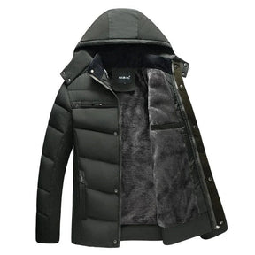 Jaqueta masculina Raffenzi RZ011 com isolamento térmico, capuz removível e design sofisticado para enfrentar frio intenso com elegância.