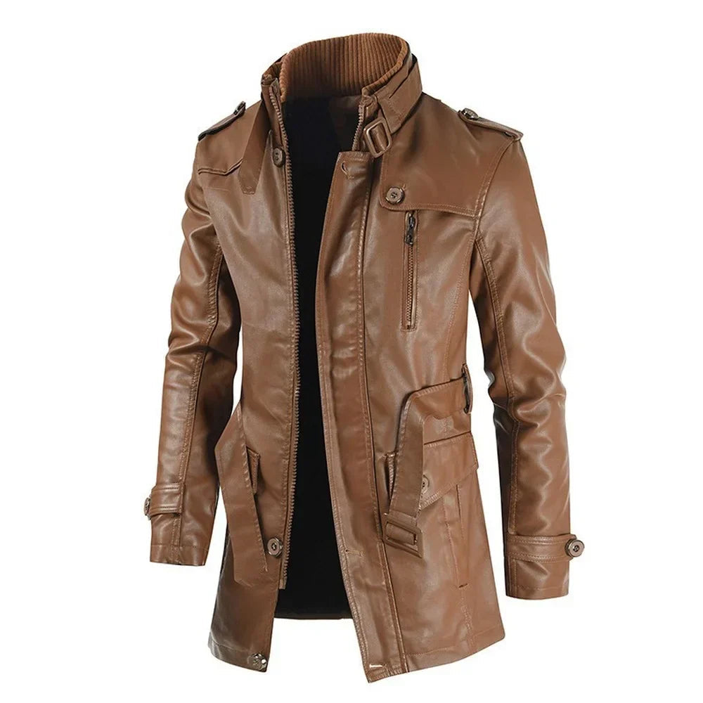 Jaqueta Masculina Raffenzi RZ085 confeccionada em couro e poliéster, com design moderno e costuras reforçadas, perfeita para estilo e proteção térmica.