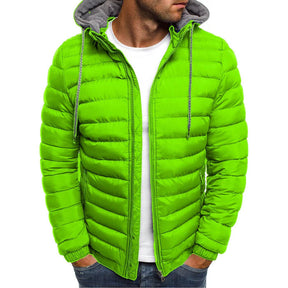 Jaqueta masculina puffer Raffenzi RZ030 com design moderno, forro acolchoado, capuz removível e fechamento em zíper, ideal para dias frios.