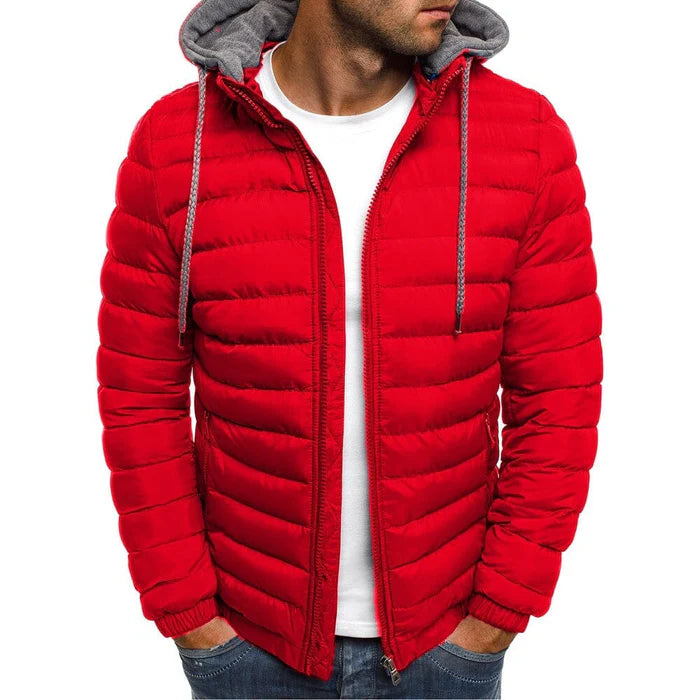 Jaqueta masculina puffer Raffenzi RZ030 com design moderno, forro acolchoado, capuz removível e fechamento em zíper, ideal para dias frios.