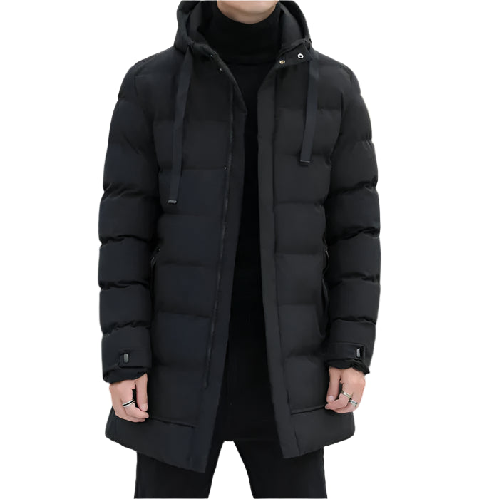 Jaqueta puffer masculina alongada Raffenzi RZ010 com design moderno, ideal para proteção e estilo em dias frios.