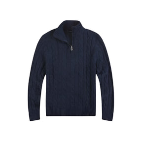 Suéter Raffenzi RZ132, design Old Money em tricot com meio zíper, perfeito para sobreposições elegantes com sofisticação e conforto.