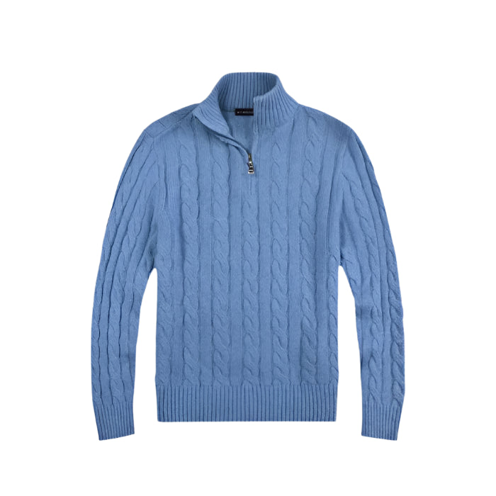 Suéter Raffenzi RZ132, design Old Money em tricot com meio zíper, perfeito para sobreposições elegantes com sofisticação e conforto.