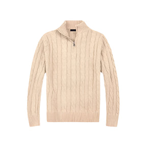 Suéter Raffenzi RZ132, design Old Money em tricot com meio zíper, perfeito para sobreposições elegantes com sofisticação e conforto.