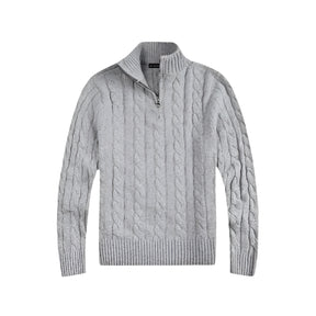 Suéter Raffenzi RZ132, design Old Money em tricot com meio zíper, perfeito para sobreposições elegantes com sofisticação e conforto.